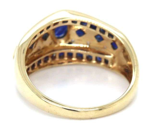 14kt Yellow gold oval and round sapphire and diamond accent wide band