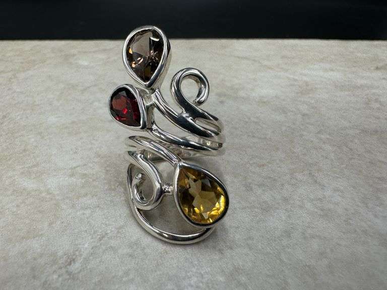 Sterling Silver Natural Gemstone Garnet and Citrine Ring Size 6