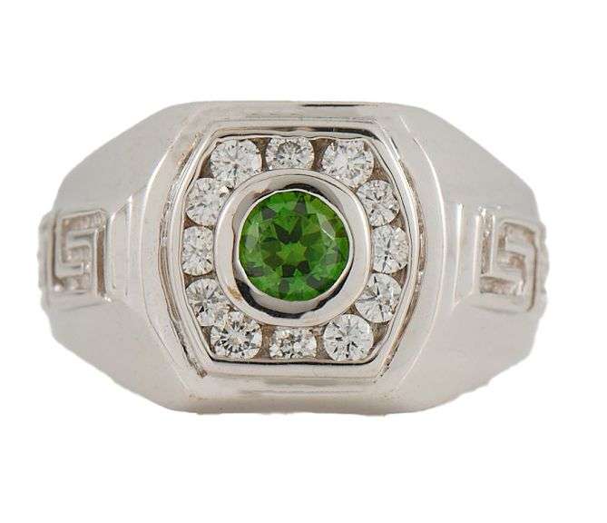 Gents 0.60ct Demantoid Garnet and 0.70ctw Diamond Frame Signet Ring in 18K