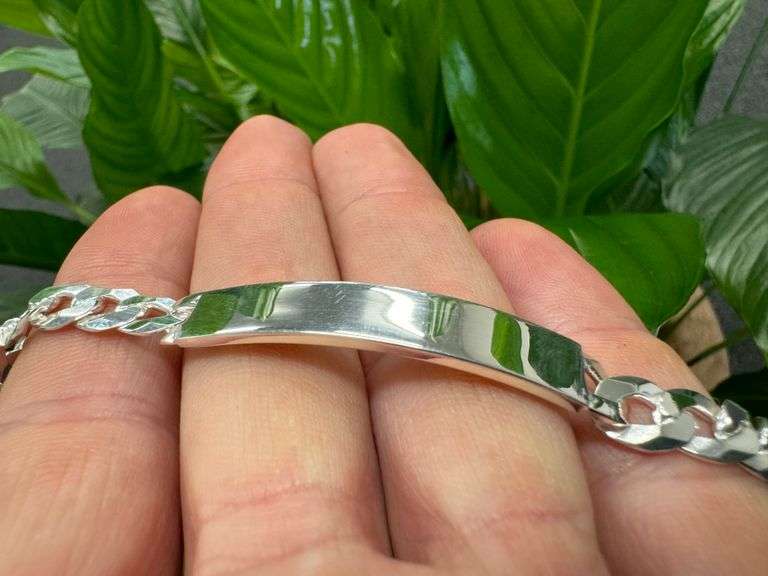 Sterling Silver Flat Diamond-Cut Curb ID Bracelet Chain 7.8mm Solid 925 Italy New 7"