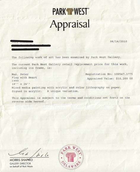 Peter Max Original Mixed Media with Acrylic Signed 'Flag With Heart' with Park West Certificate