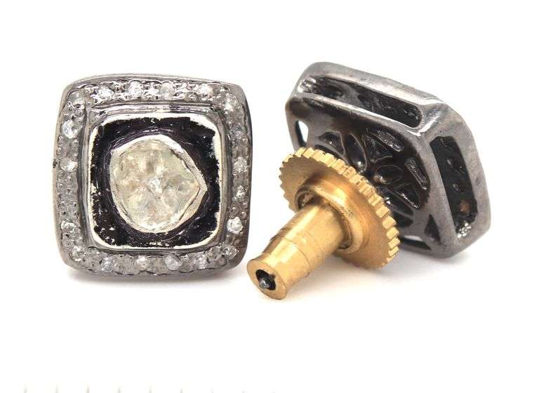 Elegant Mine Cut Diamond Dark Silver Earrings with Diamond Accents