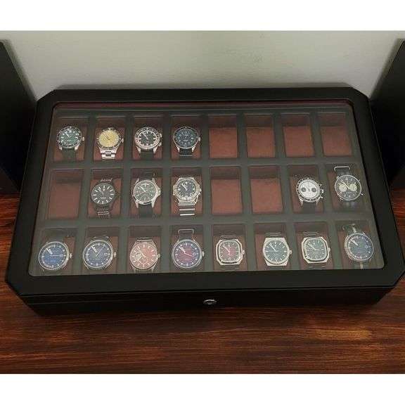 Carbon Finish Watch Display Case with Glass Lid and Lock