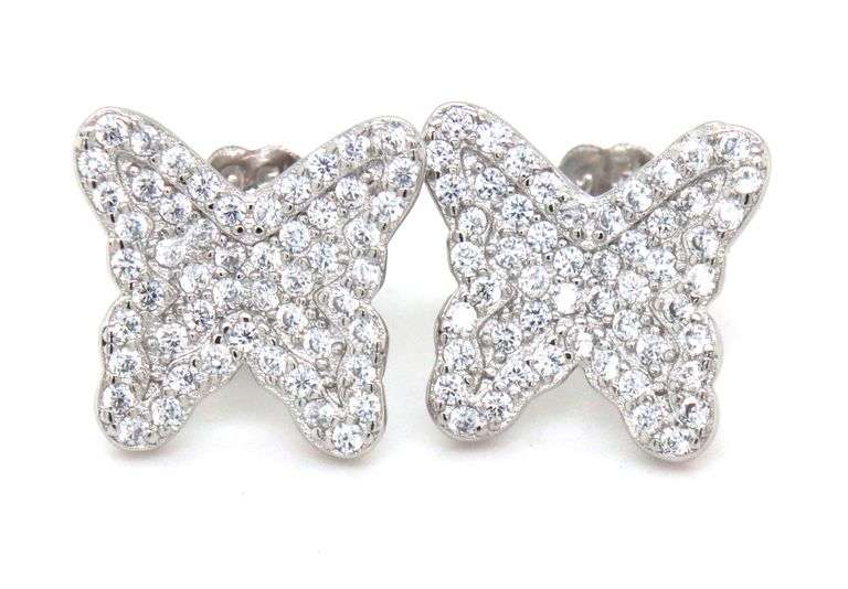 Set of 925 sterling silver butterfly cubic zirconia stud earrings and charm