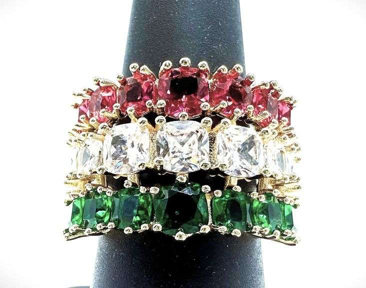 Gorgeous 14 K Yellow Gold Plate Christmas 12 Ctw Lab Simulated Ruby, White Diamond and Emerald Ring
