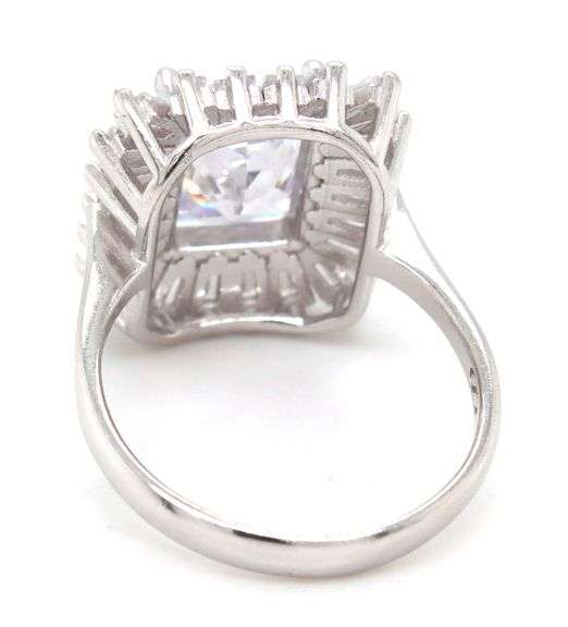 925 Sterling silver emerald cut cubic zirconia ring with baguette cut CZ halo