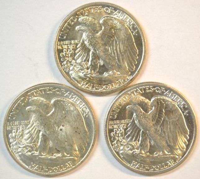 3 Gem BU 1942 Walking Liberty Half Dollars Flashy