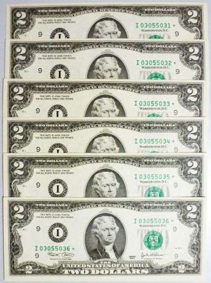 (6) Superb Crisp $2 2003 Star Replacement Notes Minneapolis-Consecutive!