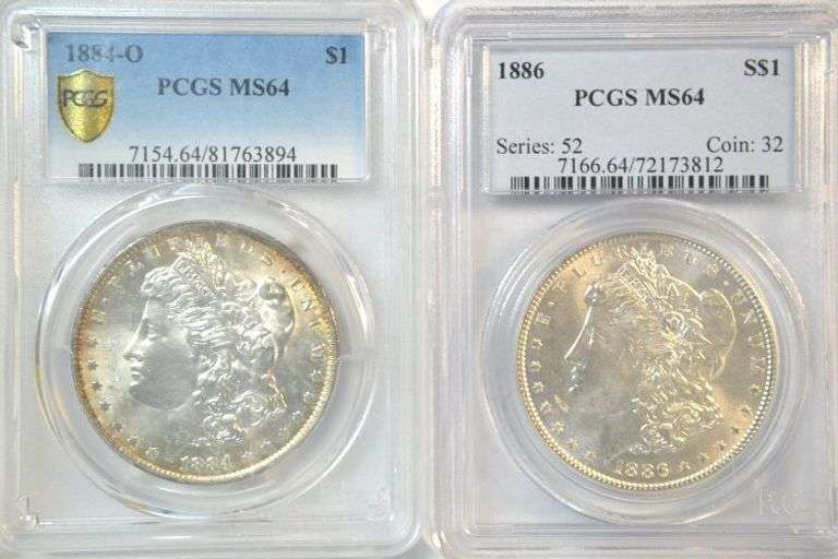 Pair of near Gem BU PCGS MS64 Morgan Silver Dollars, 1884-O & 1886