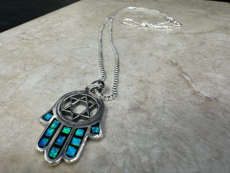 Sterling Silver Mosaic Hamsa Pendant Hand of God Star of David Jewish Charm 925