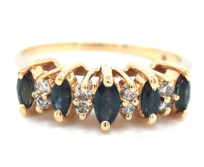 14kt Yellow gold marquise sapphire and diamond 5 stone ring