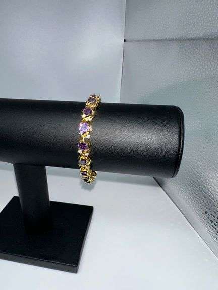 Beautiful 14 Kt Yellow Gold Plated Lab Simulated 16.5 Cttw Amethyst Diamond Tennis Bracelet