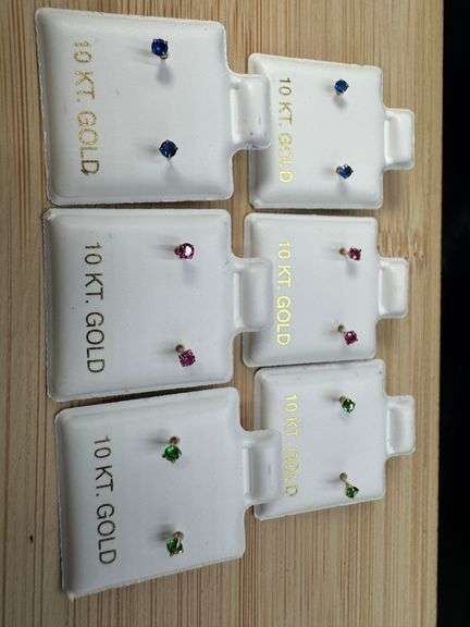 10k Yellow Gold 2mm Blue Green Pink CZ Earrings 6 pairs
