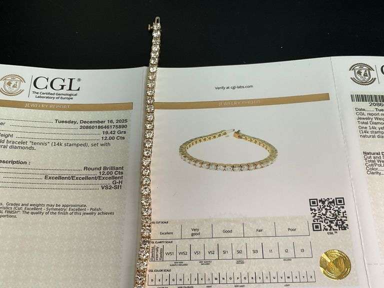 CERTIFIED 12.00 CARATS NATURAL DIAMONDS TENNIS BRACELET , 14K GOLD