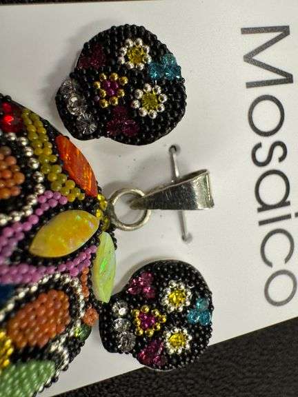 Original Handmade Mosaico Skull Earrings & Pendant 925 Sterling Silver Mexico Artistic Jewelry