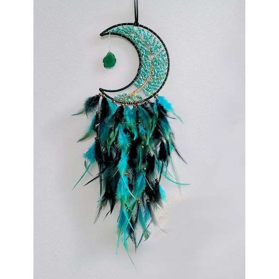 Moon Tree of Life Dream Catcher with Green Agate Stones