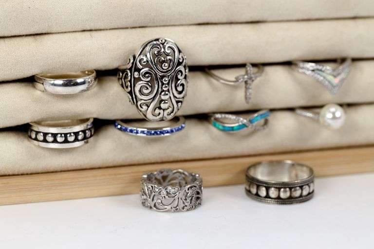 Sterling Silver .925 Curated Lot of 10 Rings Various Sizes & Styles