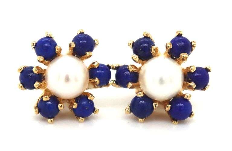 14kt Yellow gold Lapis and pearl flower stud earrings
