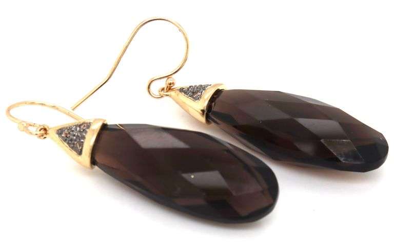 14kt Yellow gold smokey quartz and diamond accent dangle earrings