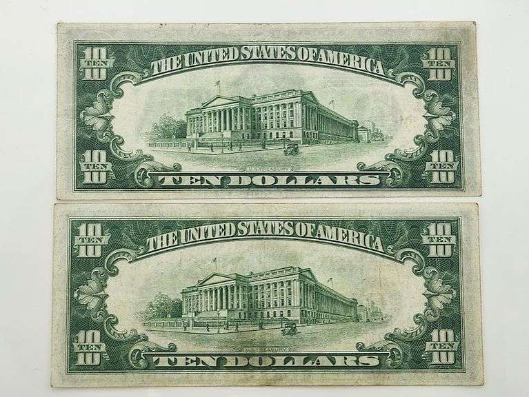 (2) 1934 Lime Green Seal $10 Federal Reserve Notes