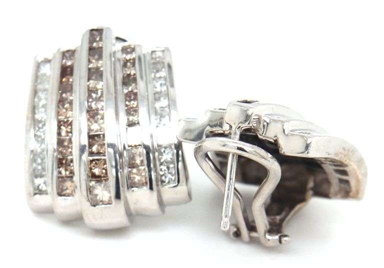 14kt White gold 2.65ctw light brown and white diamond channel set 5 row clip on earrings