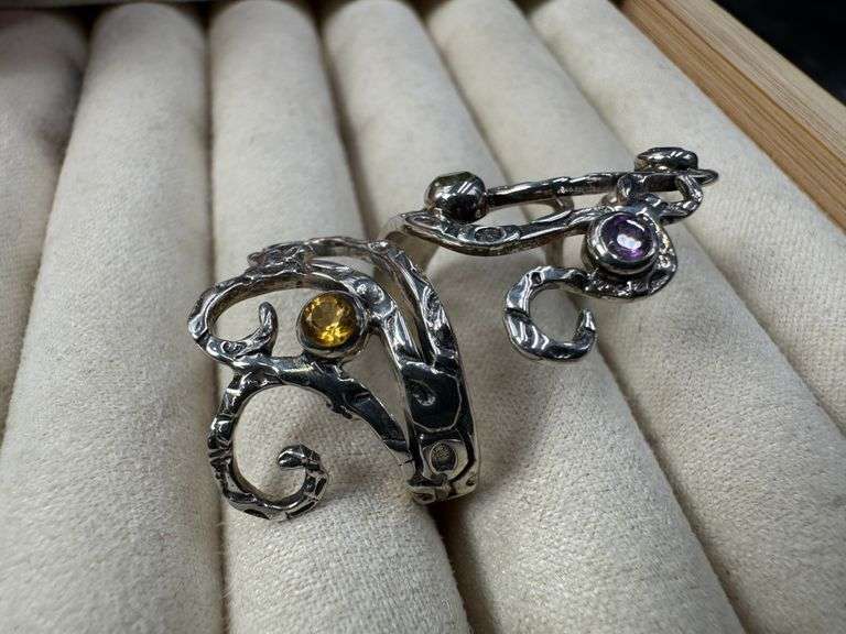 Sterling Silver Blue Topaz, Peridot, Citrine, Amethyst Gemstone Ring Size 7