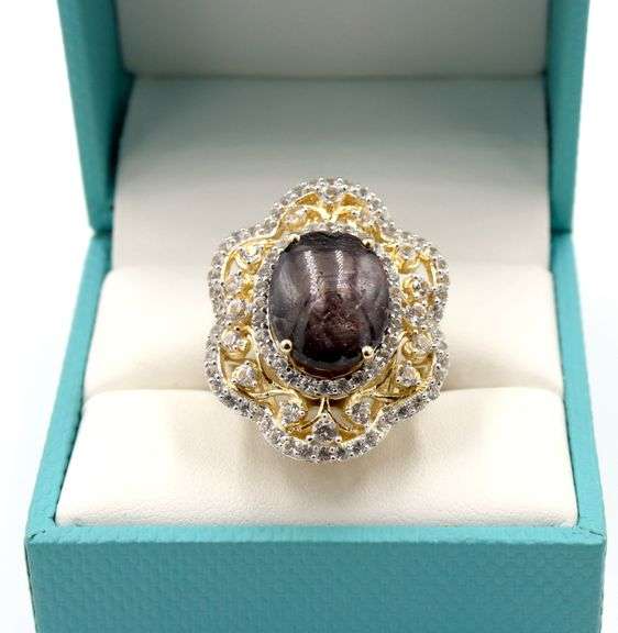 Splendid Massive 14.86CTS Oval Cabochon-Cut Star Ruby & 2.33CTW Round Colorless Sapphires in 14K Gol