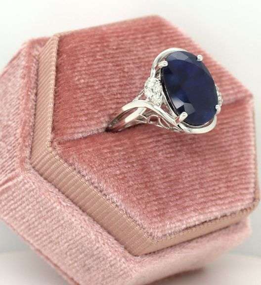 Exquisite 5.79CTS Oval Faceted Blue Sapphire & Diamond Ring in Sterling Silver