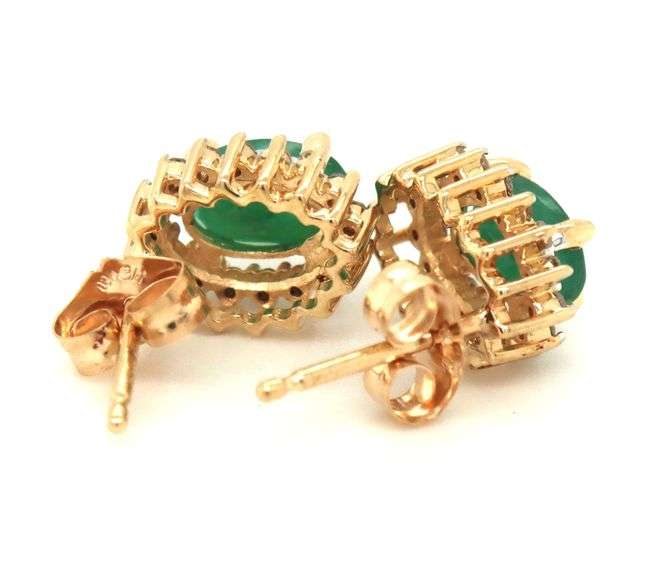 14kt Yellow gold Oval emerald and diamond halo stud earrings