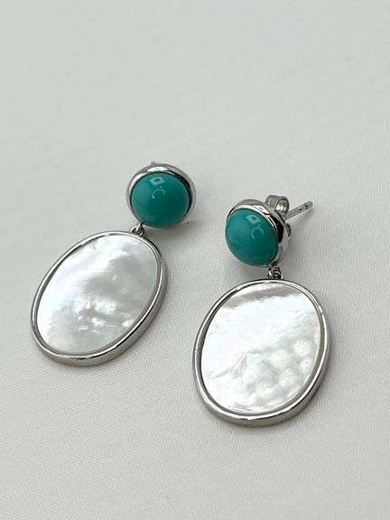925 Sterling Silver Dangle Earrings Featuring Blue Top Stone And MOP Drop Earrings