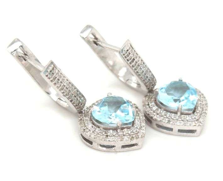 Gorgeous 6.88CTW Heart Shaped Faceted Blue Topaz & Diamond Dangle Earrings in 14K White Gold Over St