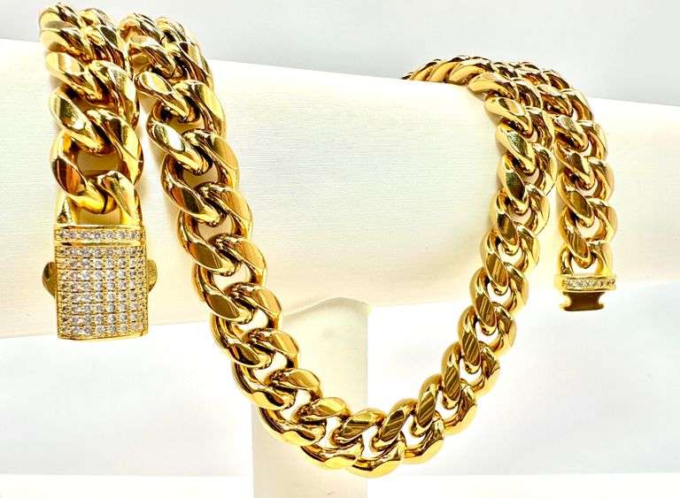 Huge 221.9 Gram Yellow 14 Kt Gold Plate Cuban Curb Link Necklace