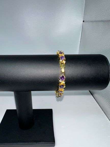 Beautiful Yellow Gold Plated Simulated 8.5 Cttw Amethyst Tennis Bracelet
