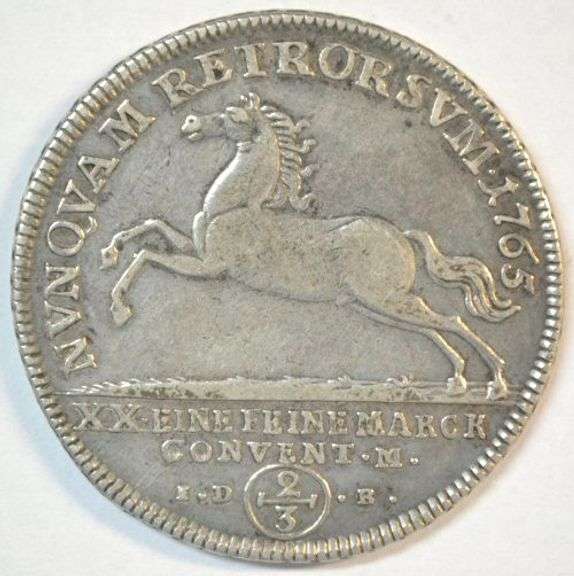 Scarce 1765E German States 2/3 Thaler Silver Piece in nice XF