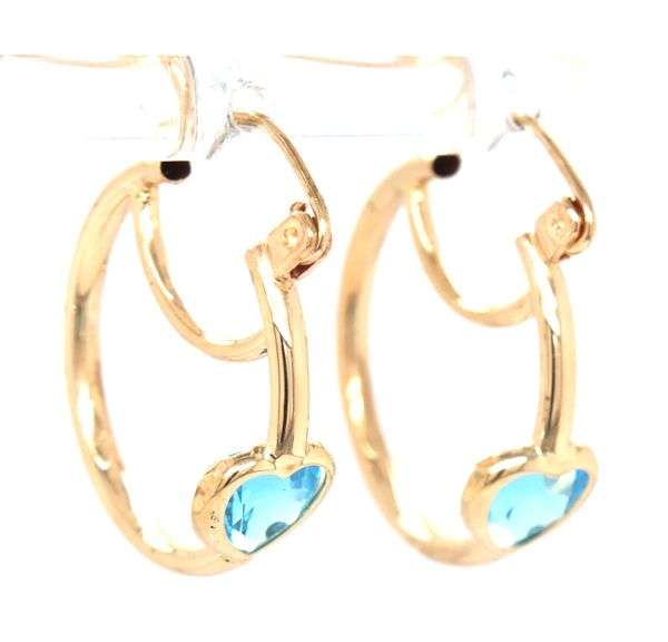 10kt Yellow gold heart shaped blue topaz hoop earrings