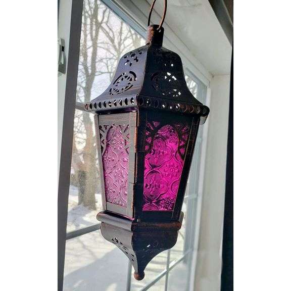 Hanging Lantern with Purple Glass Panels