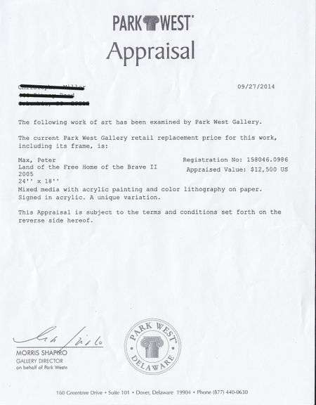 Peter Max Original Mixed Media with Acrylic Signed 'Land of the Free Home of the Brave' with Park We