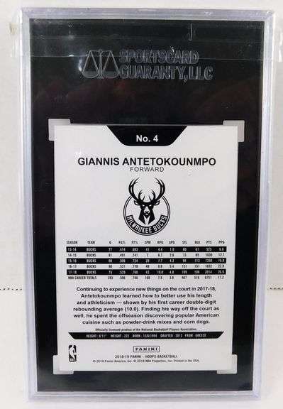 Giannis Antetokounmpo Panini Hoops Basketball Card, 10 Gem Mint