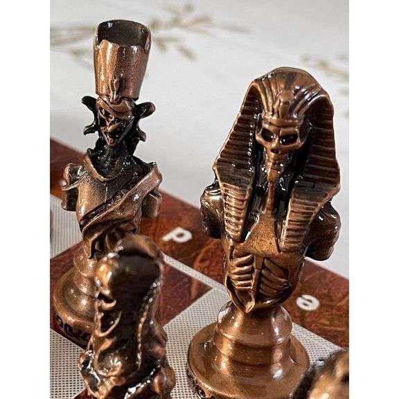 Egyptian-Style Metal Chess Set with Wooden Board