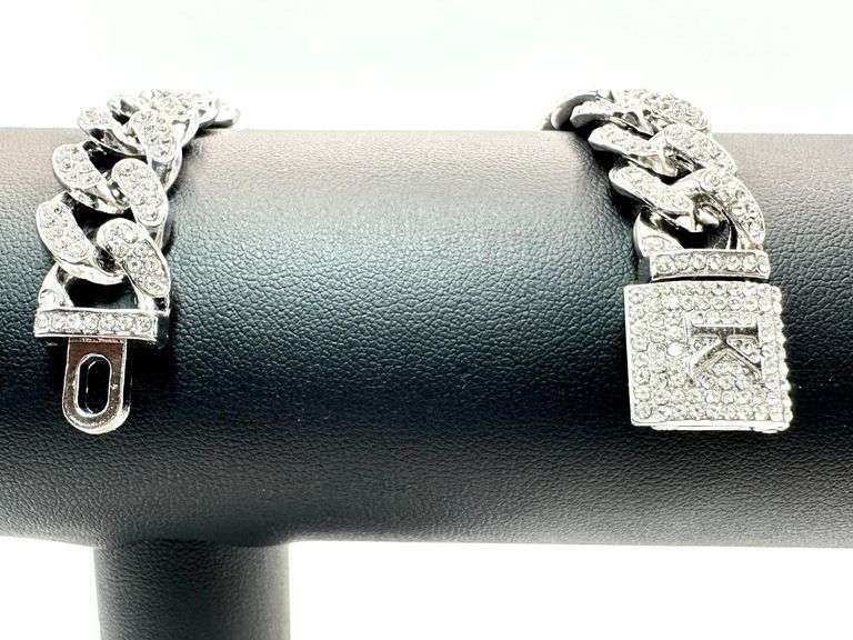 14 Kt. White Gold Plate 34.5 Gram Monogramed Initial "K" Curb Link Bracelet