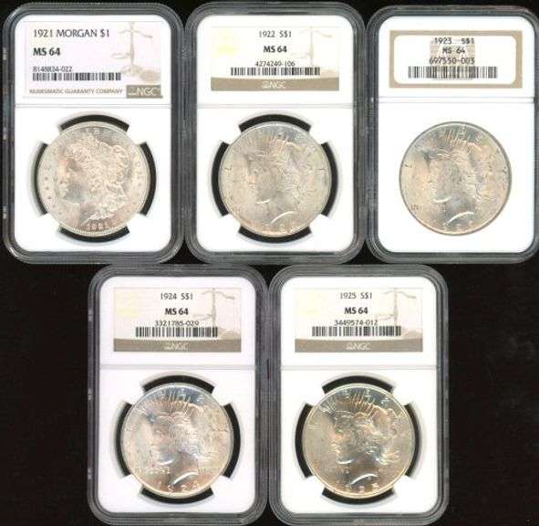 5 Near Gem BU Morgan & Peace Silver Dollars 1921 to 1925. NGC MS64