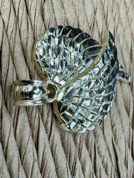 10k Yellow Gold Unique Angel Wings Heart Pendant Diamond Cut Charm