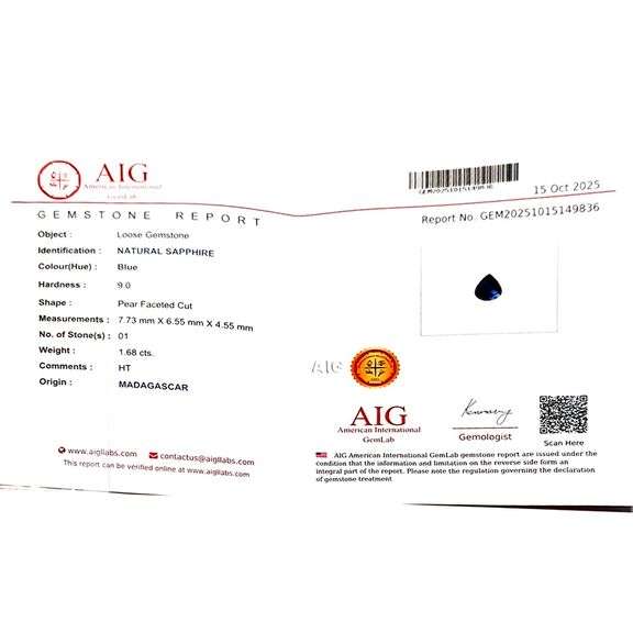 Certified! 1.68ct top cobalt blue eye clean Sapphire! Heated only!