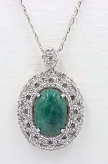 Darling 10.79CTS Oval Cabochon-Cut Emerald & 2.85CTW Round Colorless Sapphire Pendant Necklace in Pl