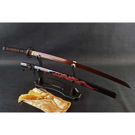 Red Dragon Saya Katana with Folded Damascus Blade