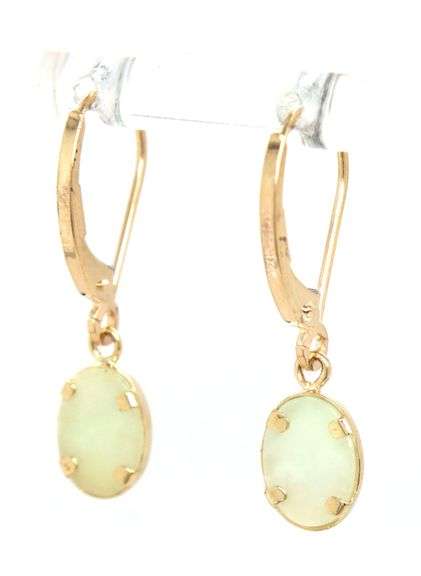 14kt Yellow gold oval green Jade bezel set drop earrings