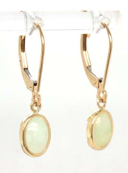 14kt Yellow gold oval green Jade bezel set drop earrings