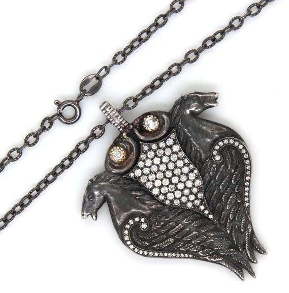 925 Sterling silver diamond double horse pendant on chain