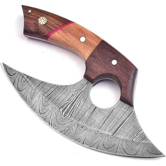 Handmade Damascus Ulu Curved Blade Wood Handle