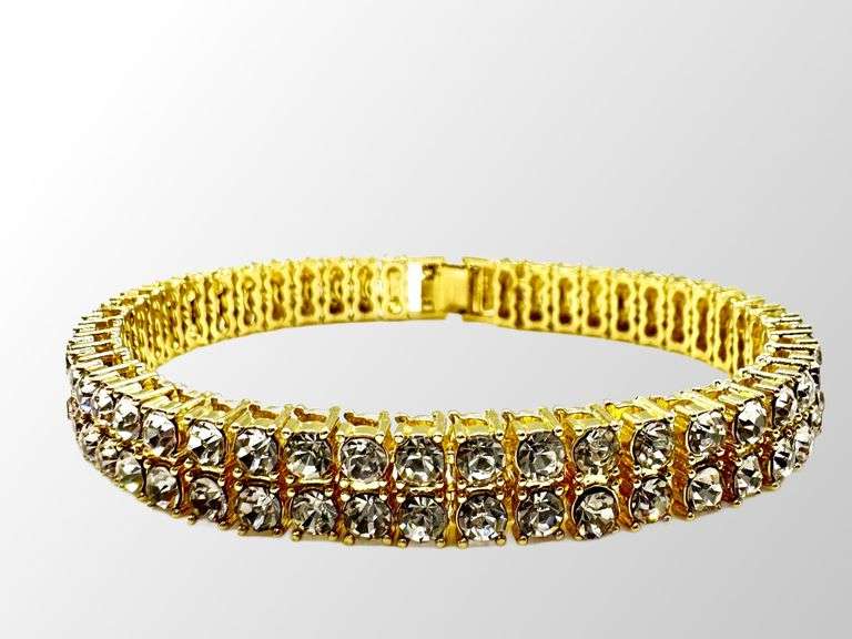 14 Kt Yellow Gold Plated 2 Row Simulated Diamond Tennis Bracelet